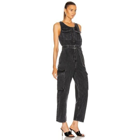 NWT Agolde black denim sleeveless belted jumpsuit 4 - Picture 3 of 11